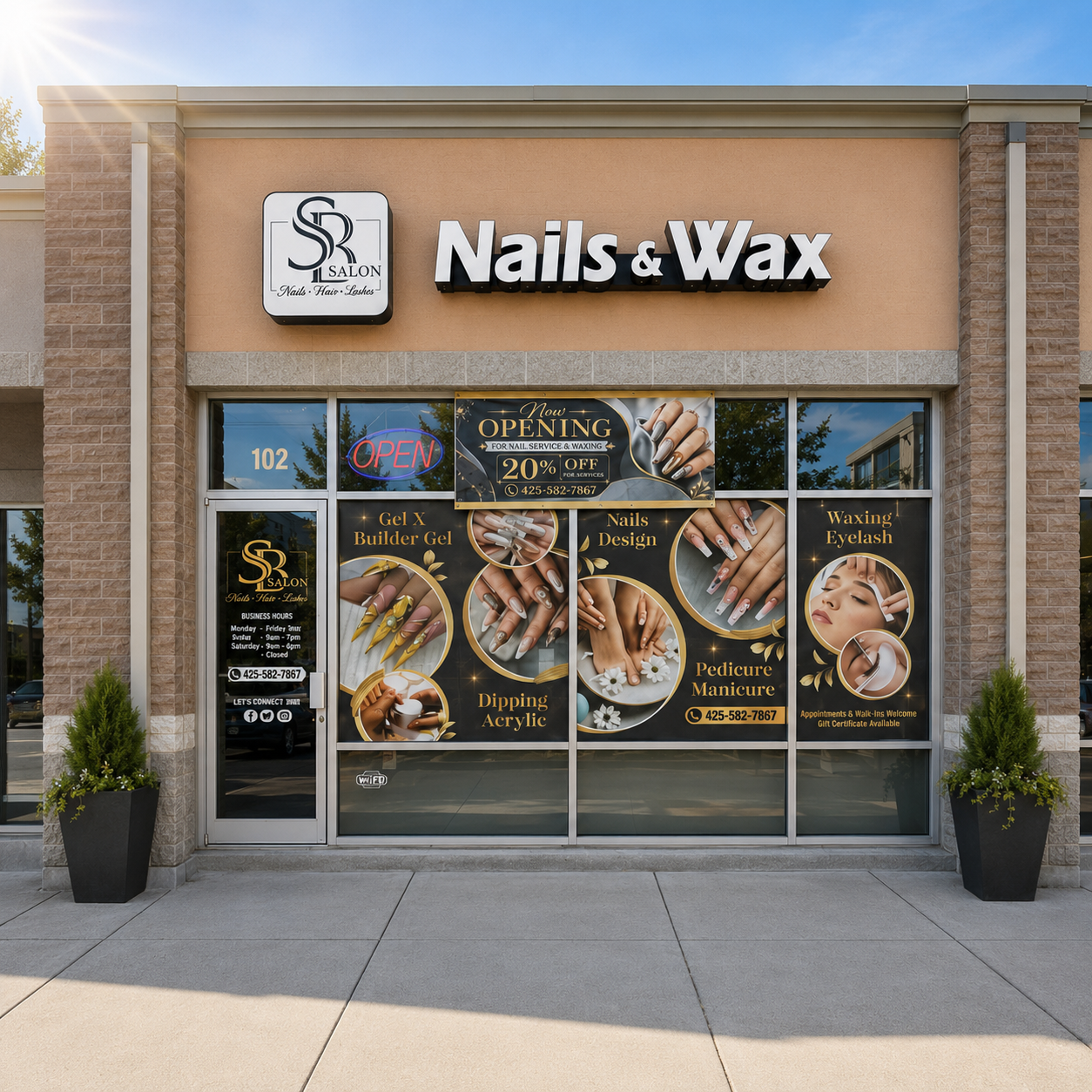 SB Salon Nails & Wax storefront exterior under a clear blue sky.