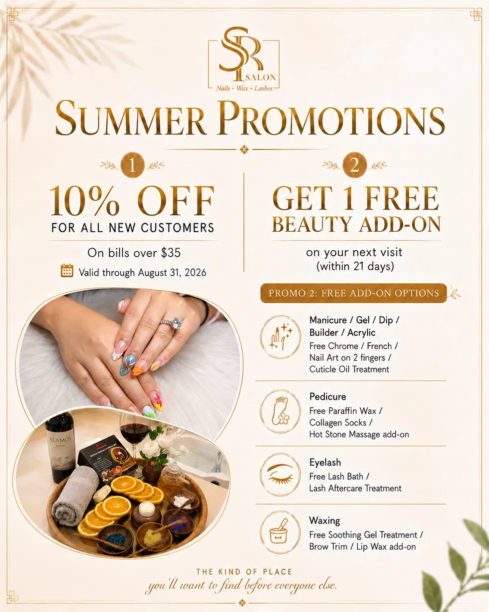 SB Salon Summer Promotions poster — 10% off for new customers on bills over $35 (valid through August 31, 2026) and one free beauty add-on for returning guests within 21 days across manicure, pedicure, eyelash, and waxing services.