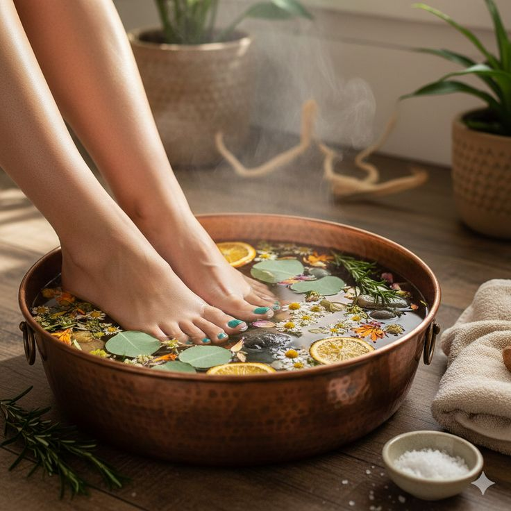 Copper bowl herbal pedicure ritual