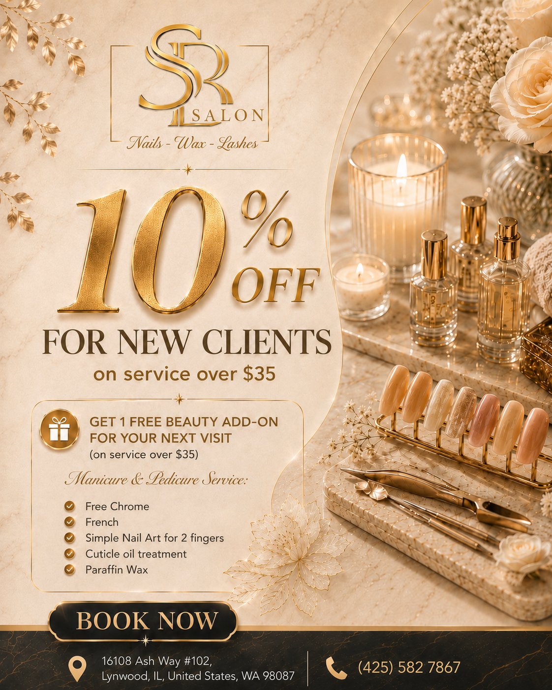 SB Salon Summer Promotions poster — 10% off for new customers on bills over $35 (valid through August 31, 2026) and one free beauty add-on for returning guests within 21 days across manicure, pedicure, eyelash, and waxing services.